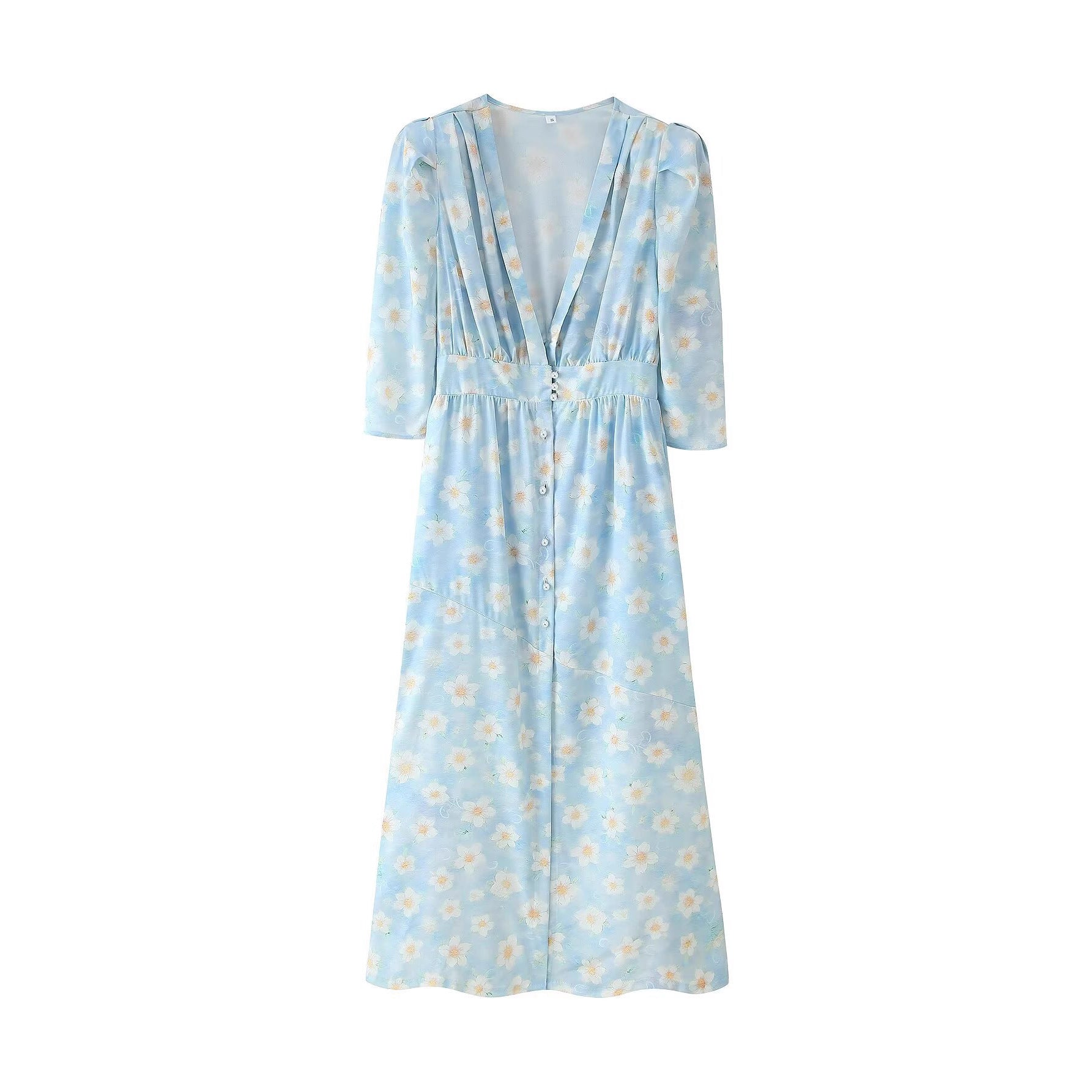 Bubble Sleeve V-Neck Waist Dress