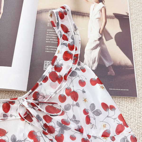 Strawberry retro French silk suspender long dress double-layer mulberry silk dress