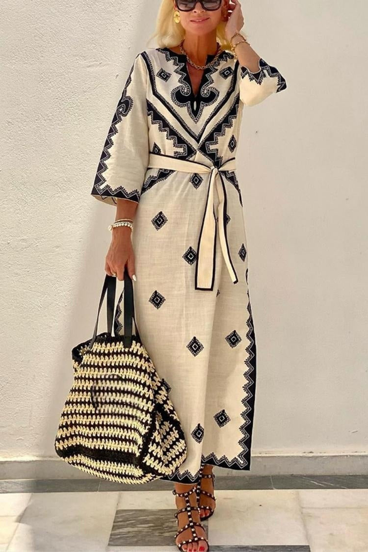 Printed belt hemp dress