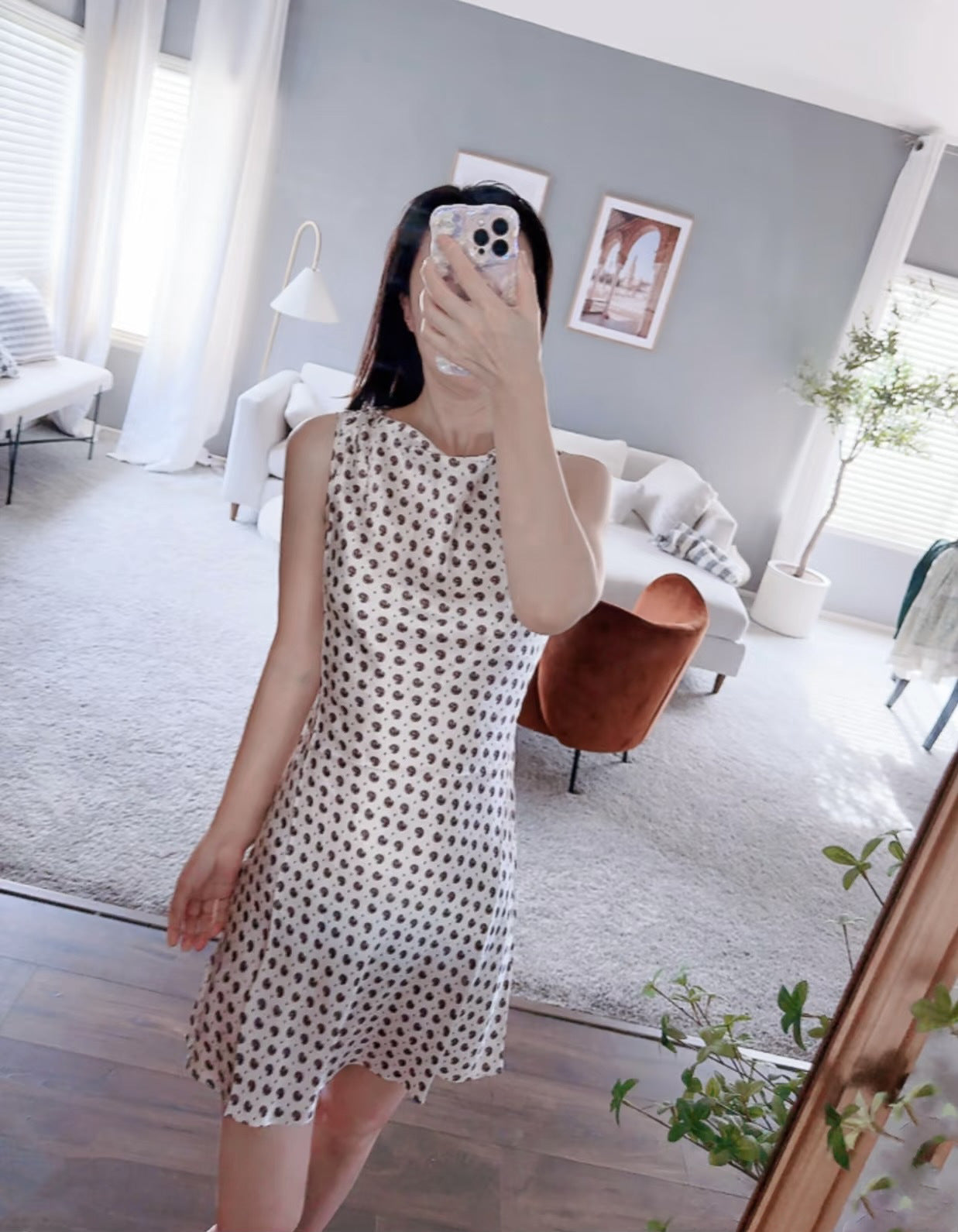 Coffee bean print loose satin dress