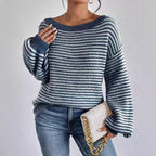 One-word collar contrasting striped knitted sweater