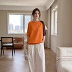 Striped color matching crew neck short-sleeved knitted sweater