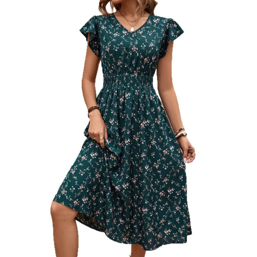 French Fashion Dress Women's Short Sleeve Floral