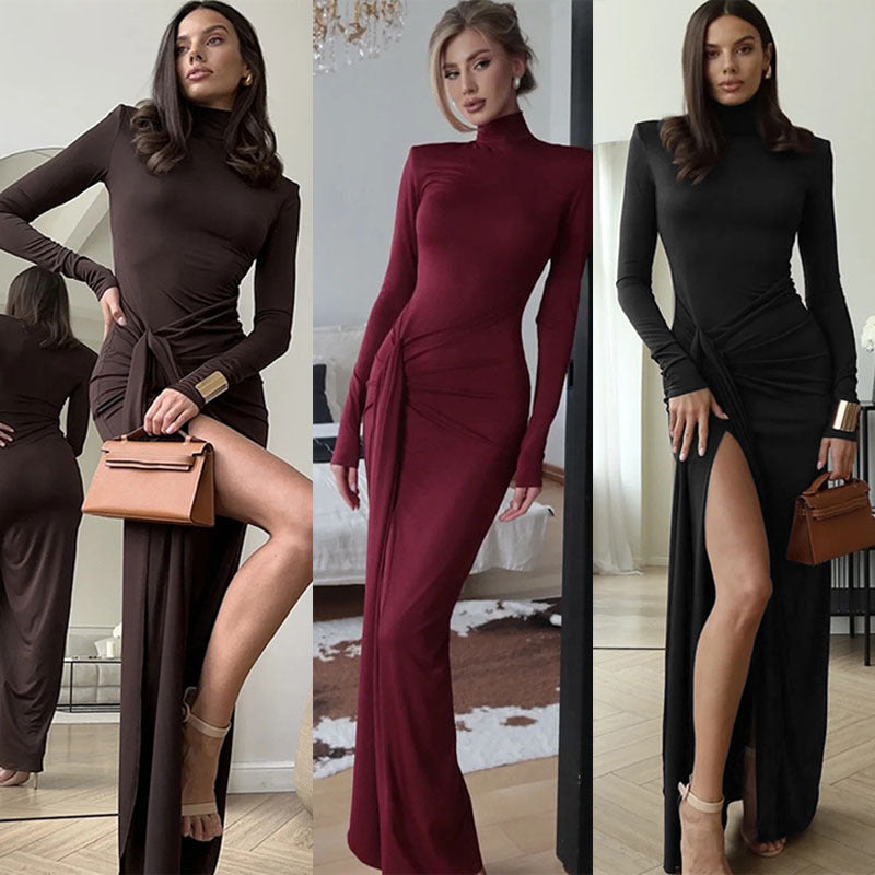 High neck long sleeve splicing slim temperament solid color dress