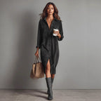 Long Sleeve Lapel Corduroy Shirt Dress