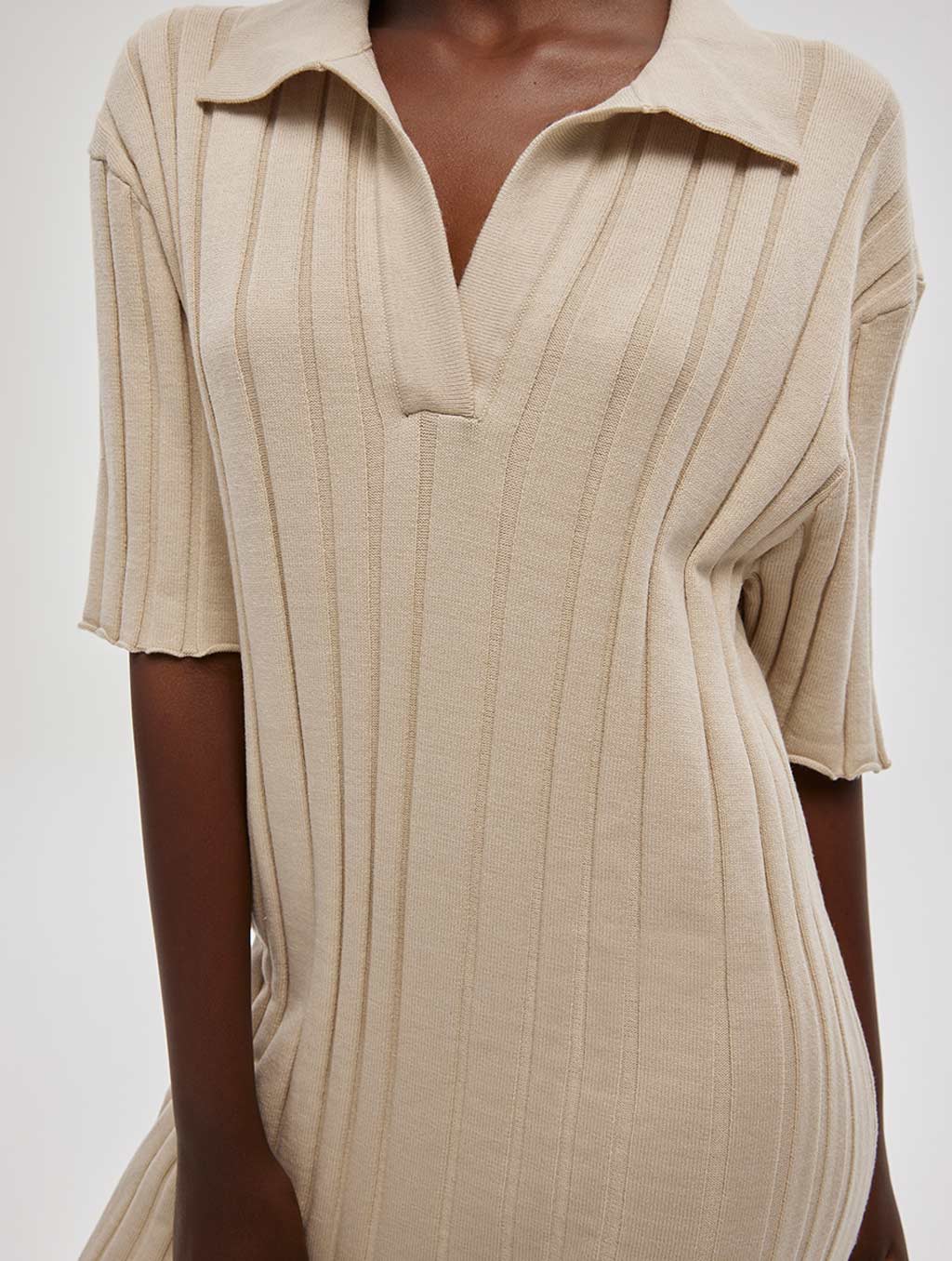 Pleated Sweater Dress With Spread Collar