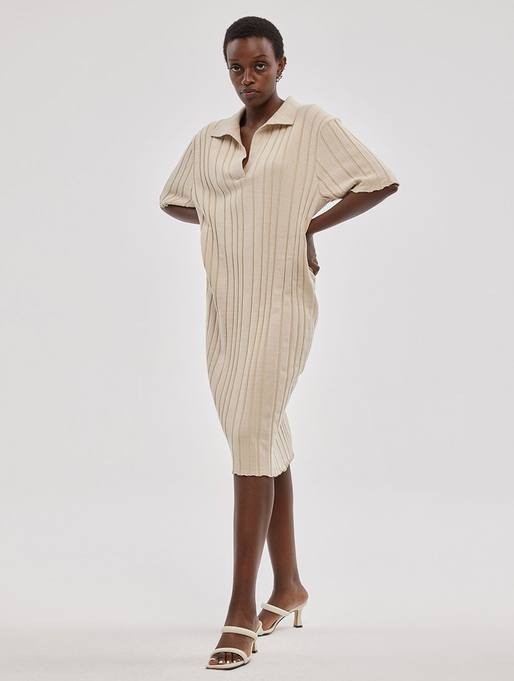 Pleated Sweater Dress With Spread Collar