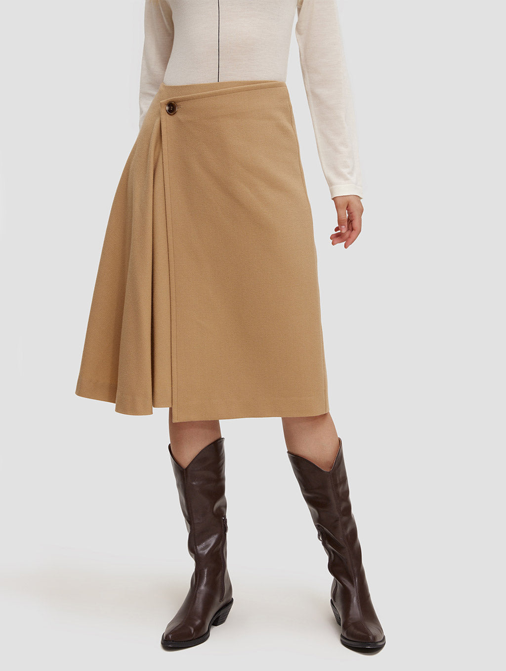 Pleated Wrap Skirt-positive-camel