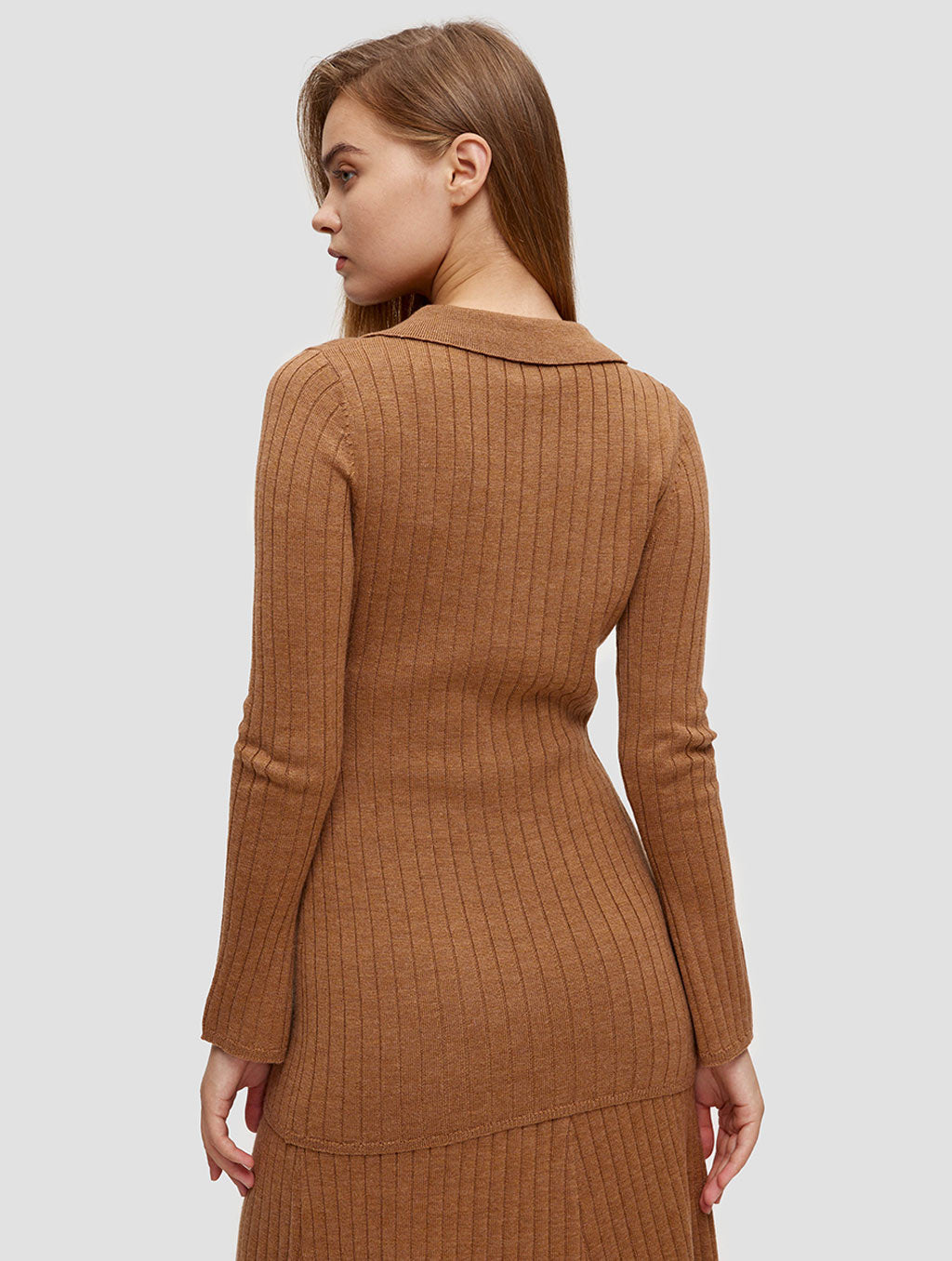 Polo Collar Long Sweater-back-toffee
