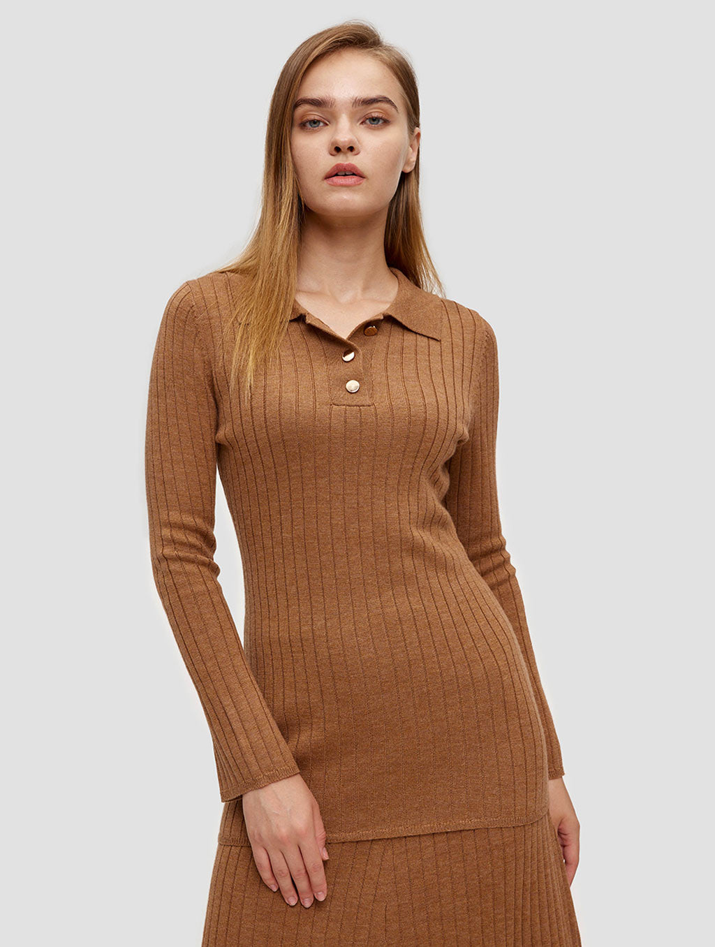 Polo Collar Long Sweater-positive-toffee