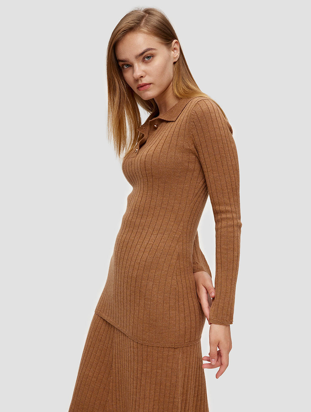 Polo Collar Long Sweater-side-toffee