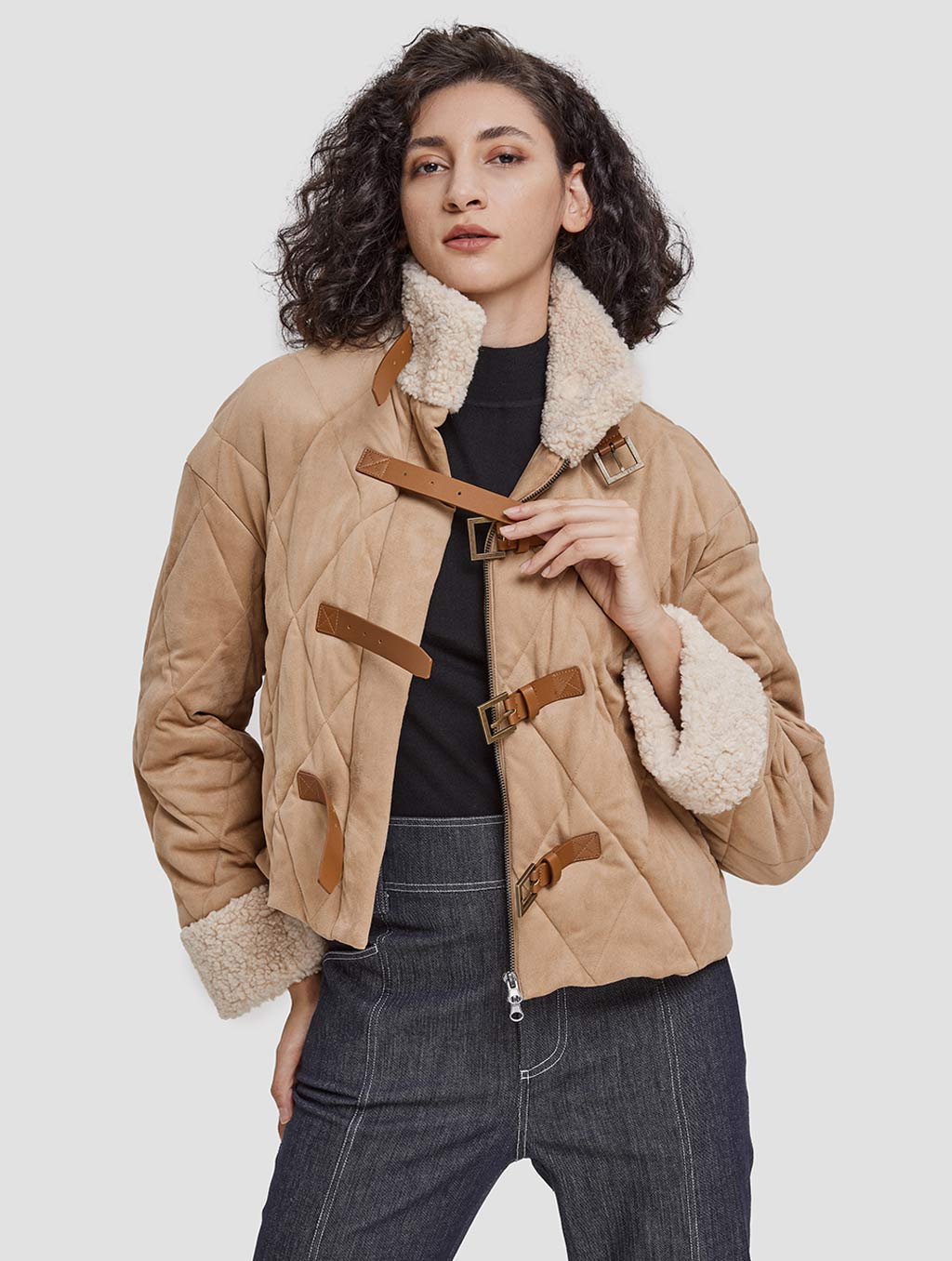 Straps-front Cotton Padded Jacket-positive-light apricot