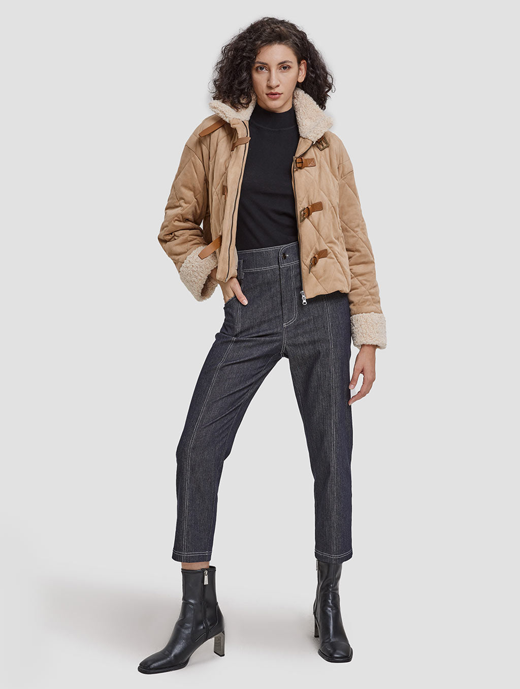 Straps-front Cotton Padded Jacket-whole body-light apricot