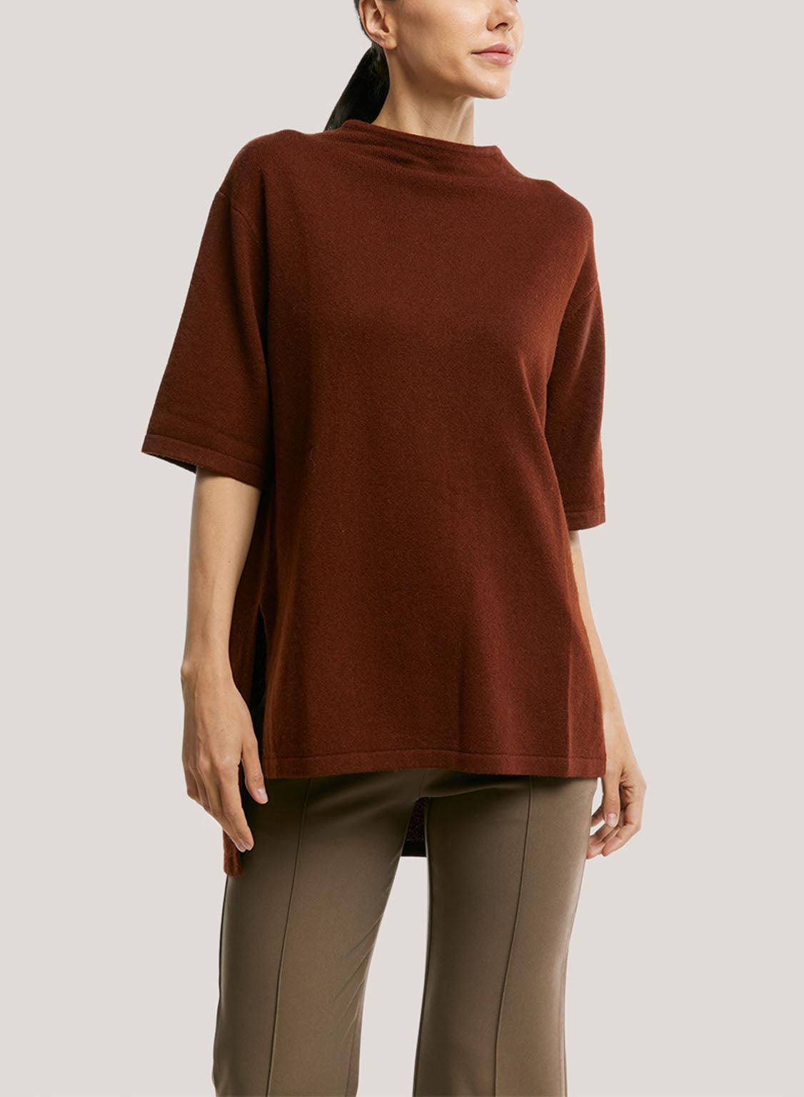 High-Neck Mid-Sleeve Yak-Wool Blend Sweater - Saddle Brown, XL image