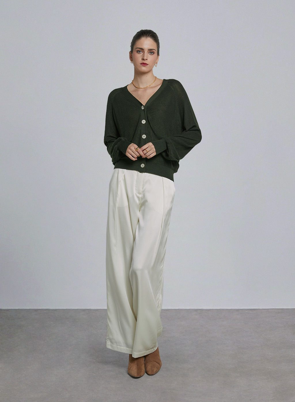 Basic V-neck Lyocell Cardigan - Basil, M image