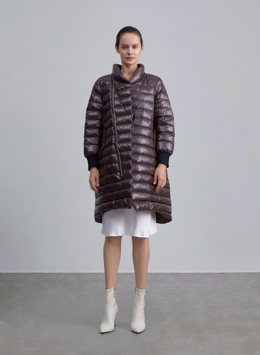 Oblique Zipper Placket Long Puffer Jacket - Chocolate, S image
