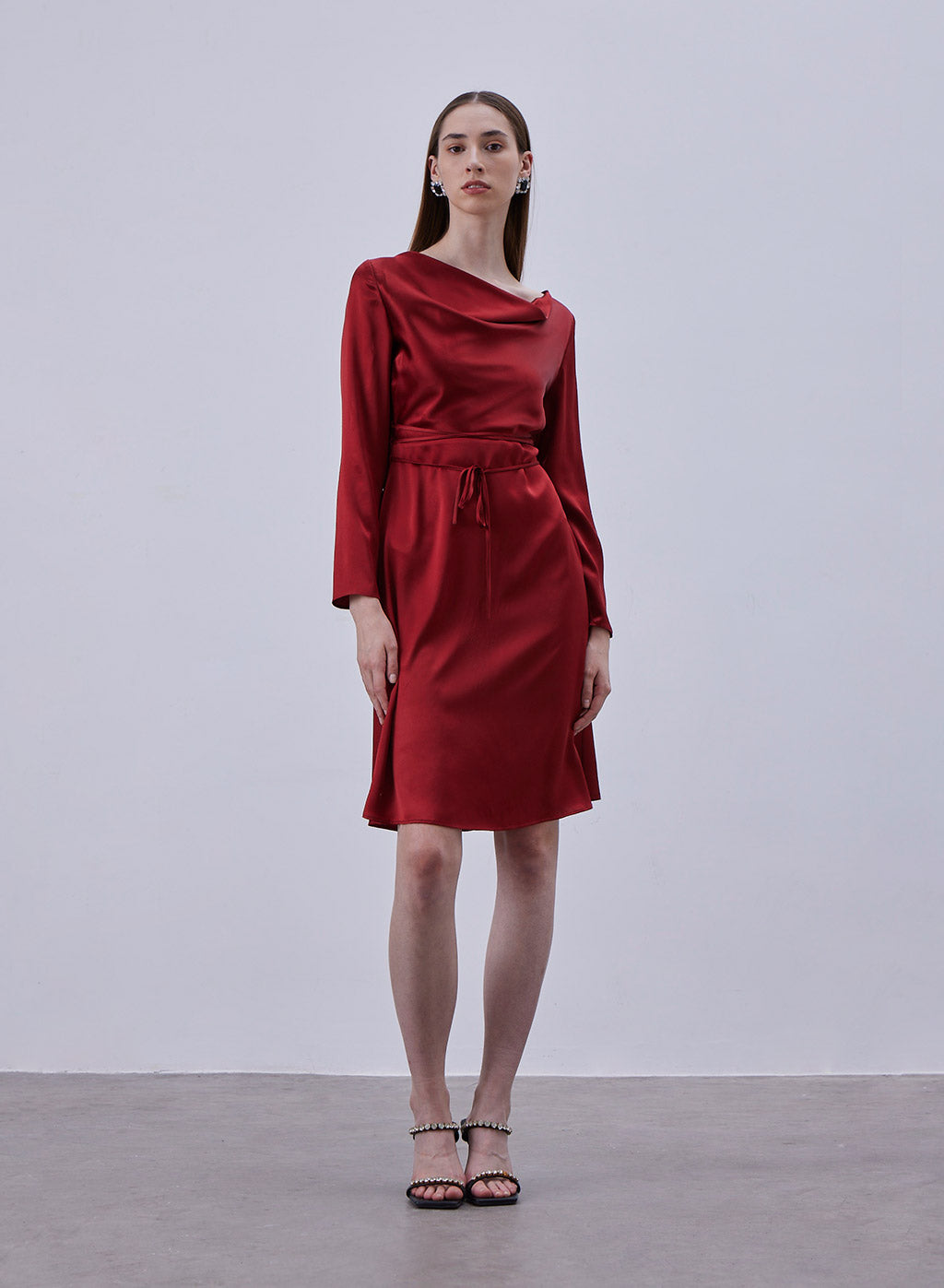 Waist Drawstring Cowl Neck Silk Dress image 0