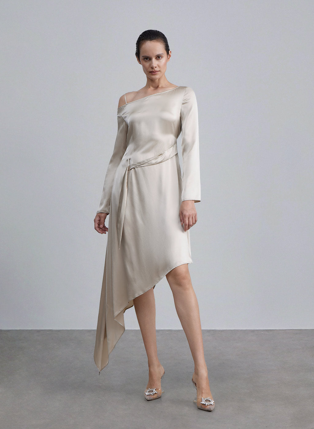 Long Sleeves Irregular Hem Silk Dress - Beige, XS image