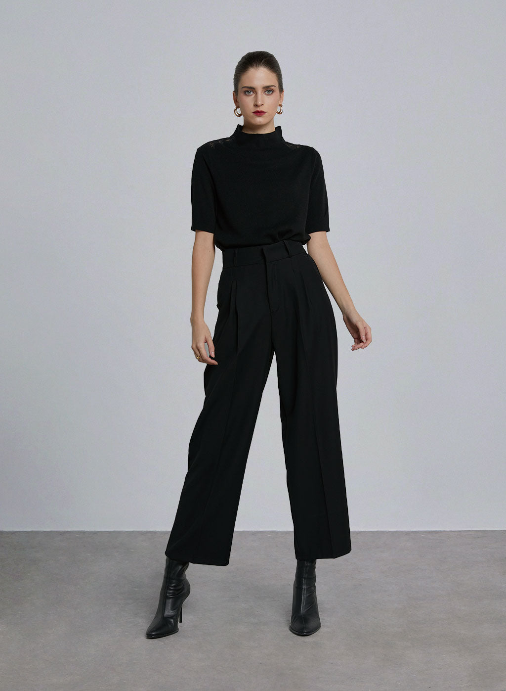 Lace Patchwork Mock Neck Top - Black, S image