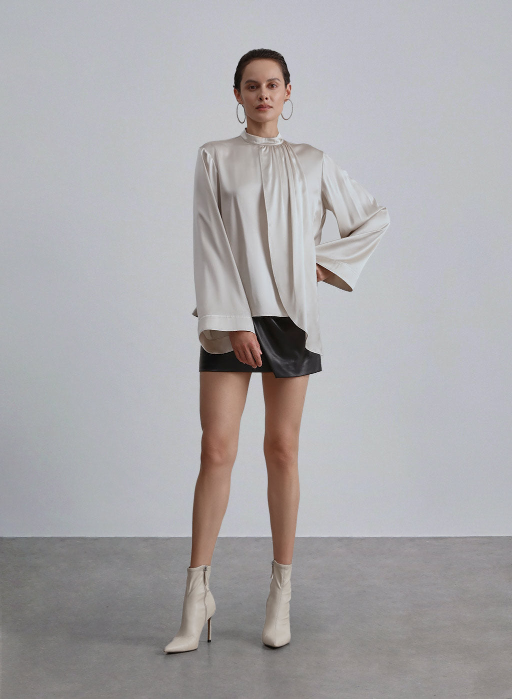 Maison Stand-away Collar Silk Blouse - Silver White, S image