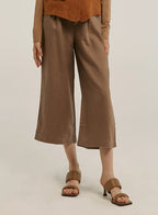 100% Linen Cropped Drawstring-Detail Wide Pants - Dark Brown, XL image