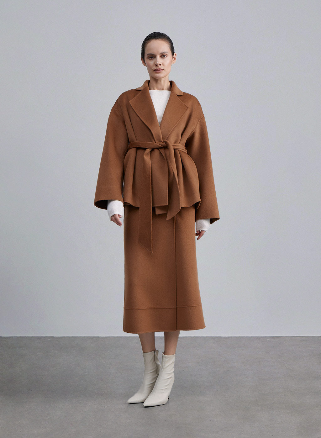 Oversized Knotted Wool Cropped Coat - Copper, S image
