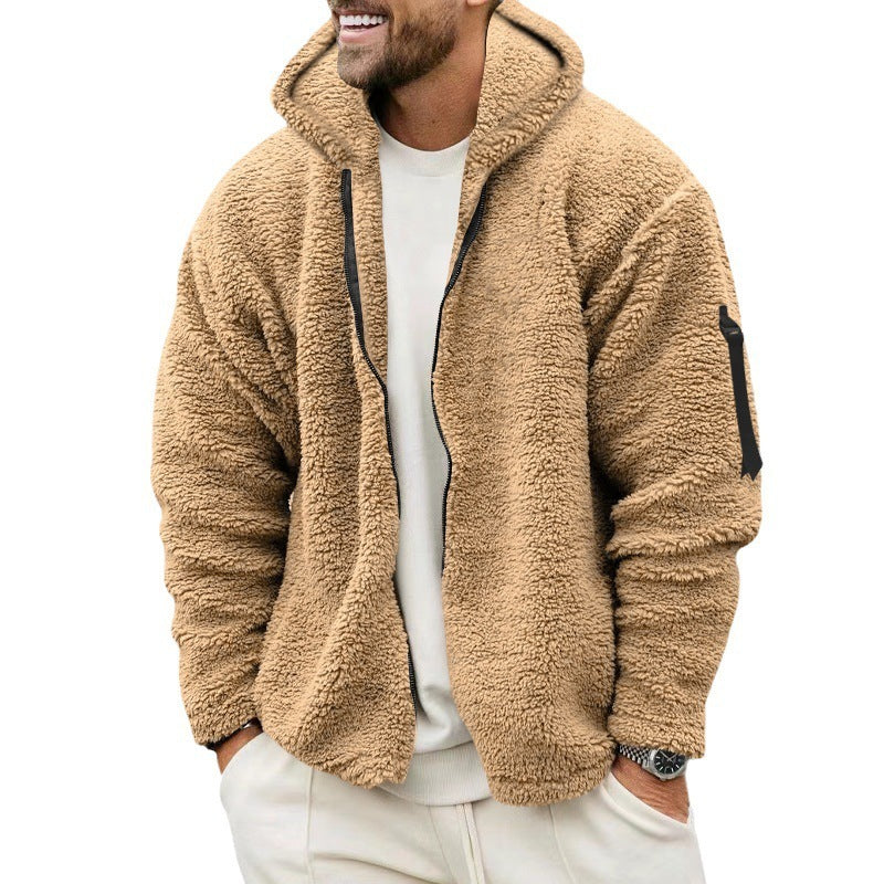 Plush Hooded Jacket Men's Autumn And Winter Fleece Double-sided Wear Warm Coat With Zipper Loose Casual Jacket Outdoor Clothing image 4
