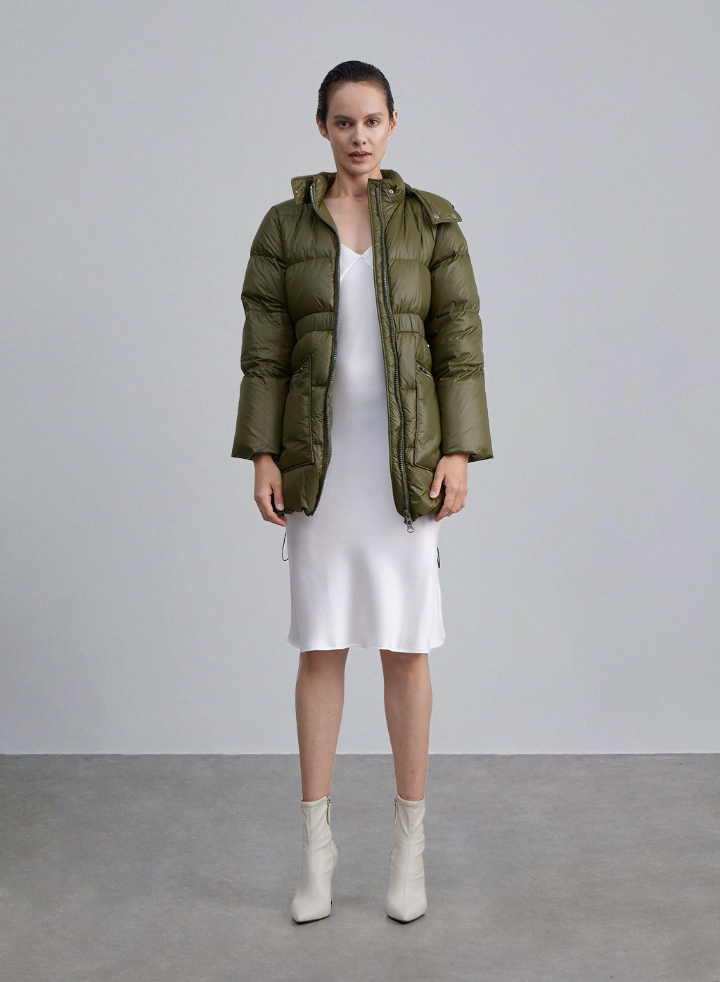 Hooded Cinched Waist Puffer Jacket - Army Green, S image