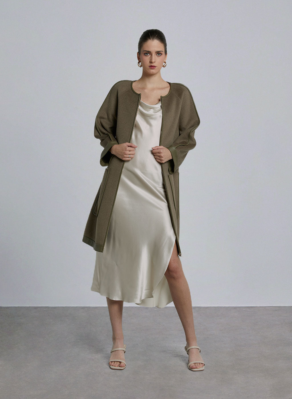 Pocket Patched Zip-Up Wool Coat - Sage Green, M image