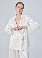 Belted Doube-Breasted Satin Blazer - Pearl White, XS image