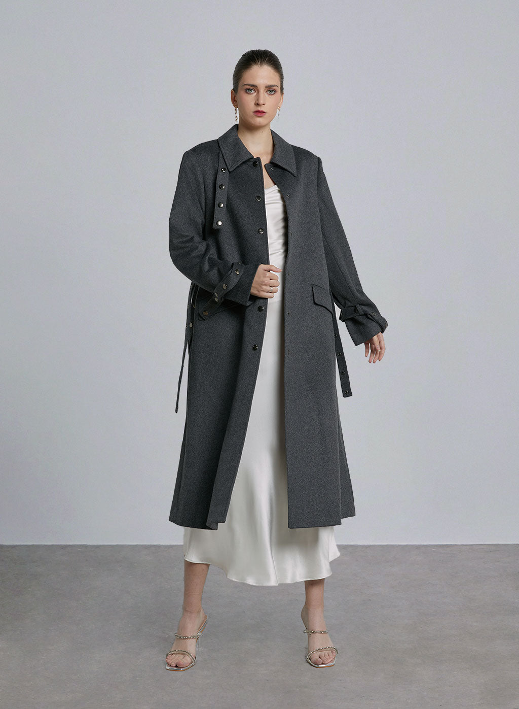Longline Button Detail Wool Coat - Cloudy, S image