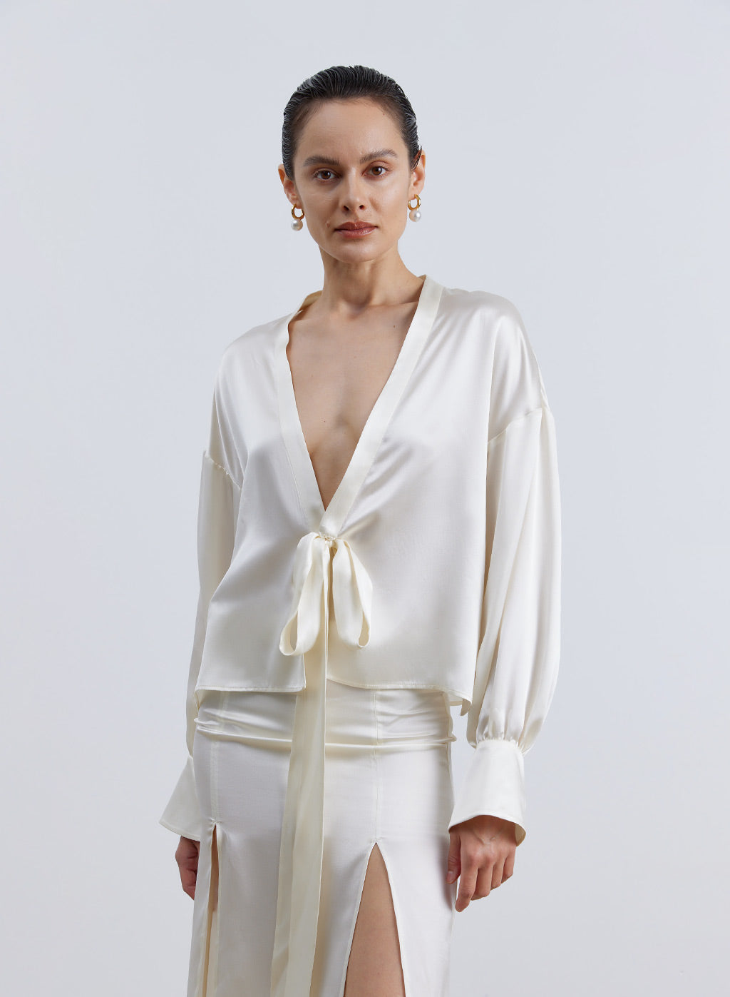 Strap-winding Kimono Silk Blouse - Ivory, XS image