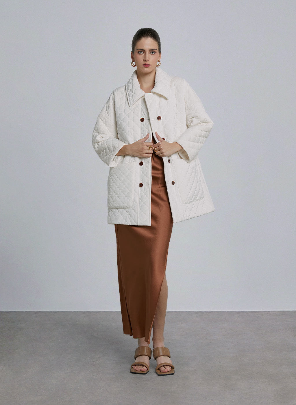 Wavy Pocket Patched Padded Coat - Offwhite, M image