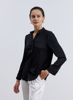 Decorative Line Stand Collar Silk Blouse - Black, S image