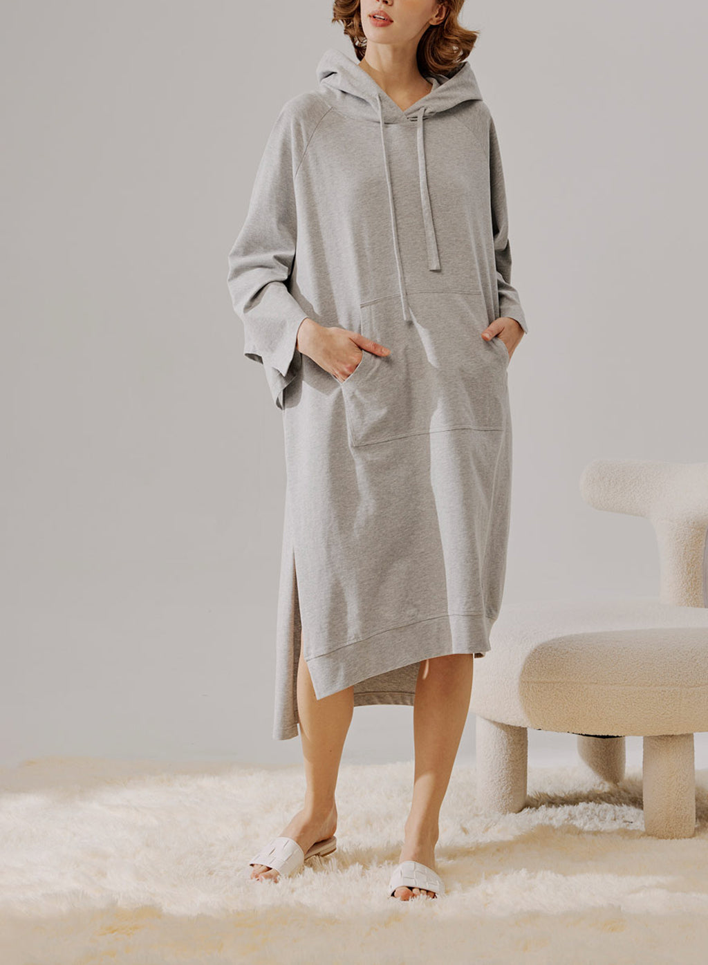 Oversized Hooded Cotton Dress - Silver Grey, S image