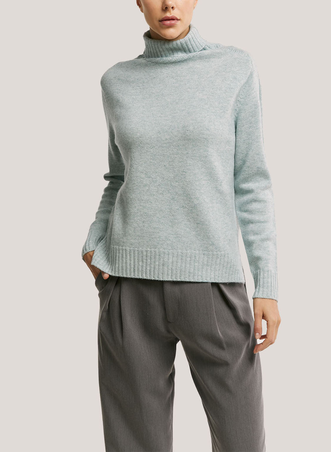 Ribbed-Trim Funnel-Neck Wool-Cashmere Sweater - Lake Blue, M image