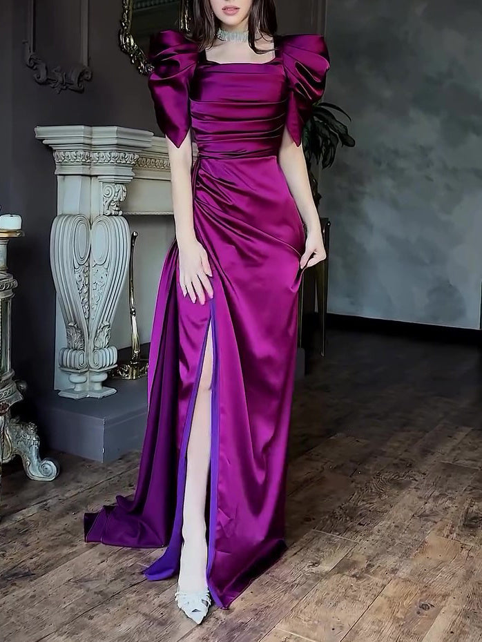 Elegant Puff Sleeve Pleated Slit Maxi Dress image 0
