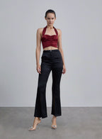 Front Pleated Halterneck Silk Top - Burgundy, S image