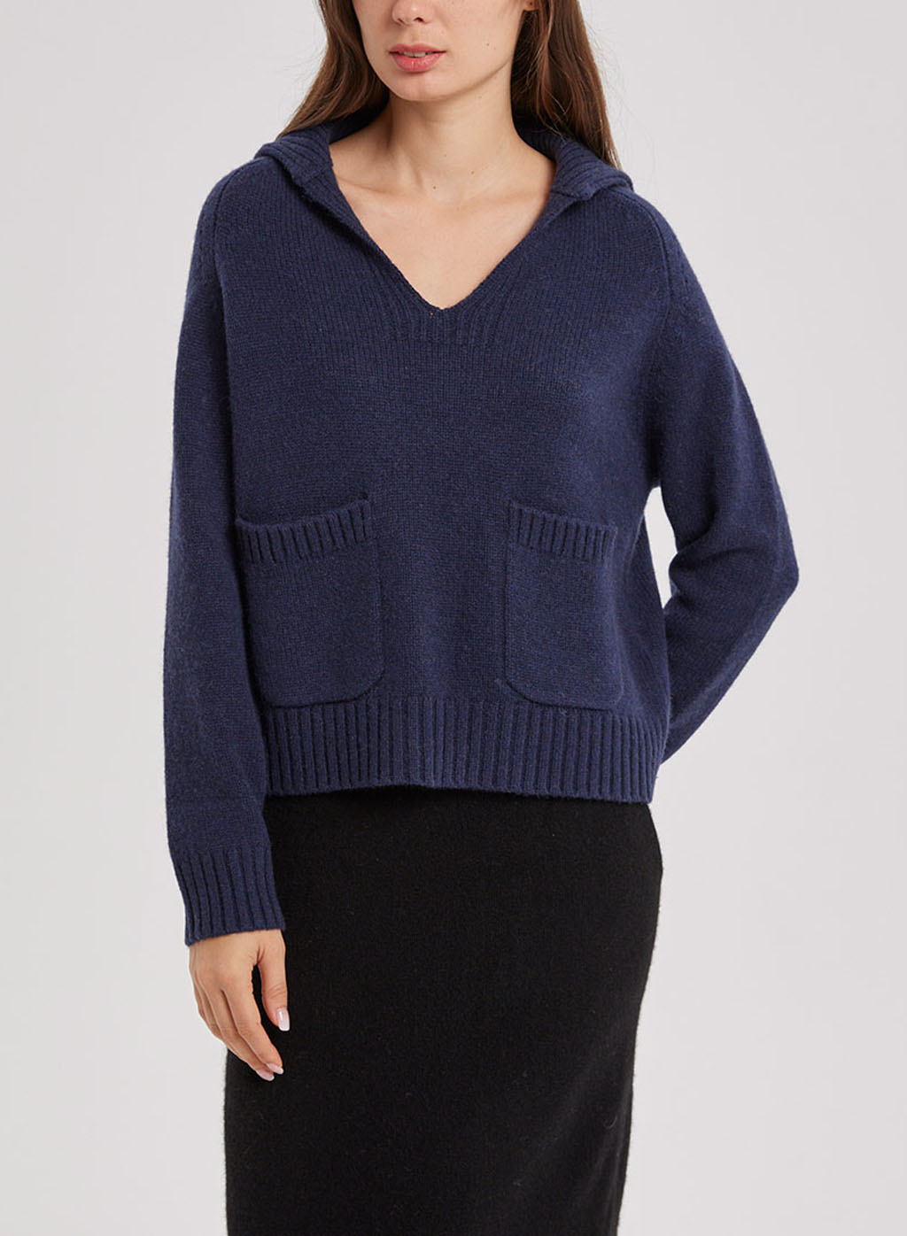 V Neck Yak-Wool Knit Pullover - Navy, XL image