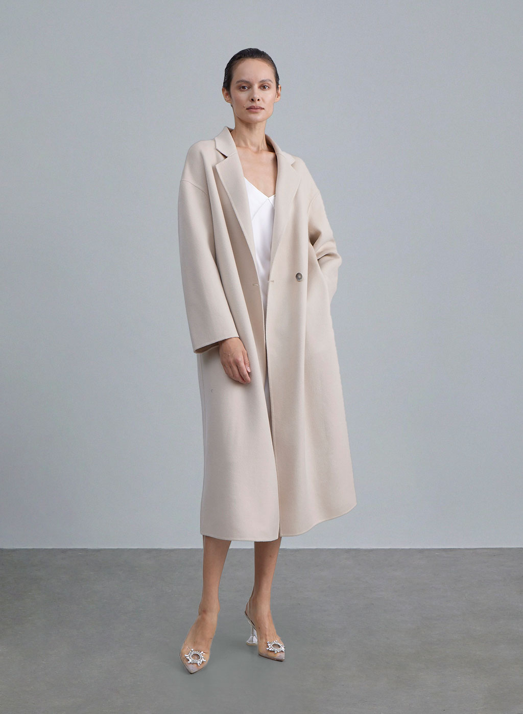 Draped Shoulder Double-faced Wool Coat - Ecru White, S image