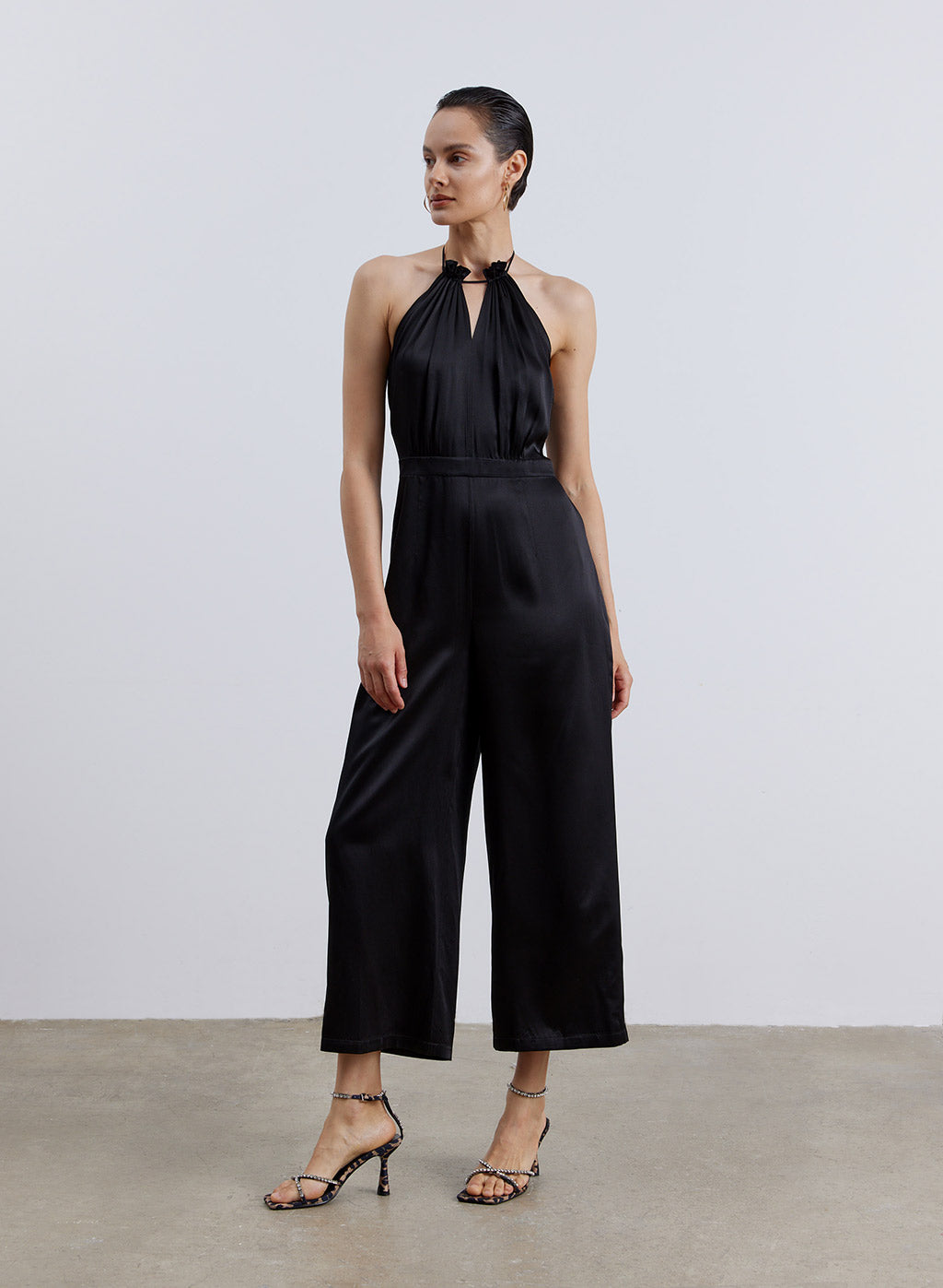 Halter Neck Pucker Silk Jumpsuit - Black, S image
