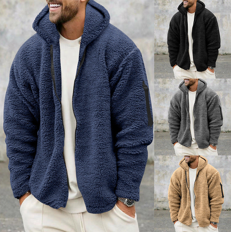 Plush Hooded Jacket Men's Autumn And Winter Fleece Double-sided Wear Warm Coat With Zipper Loose Casual Jacket Outdoor Clothing image 0