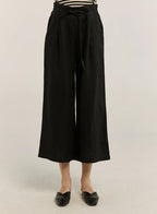 100% Linen Cropped Drawstring-Detail Wide Pants - Black, XL image