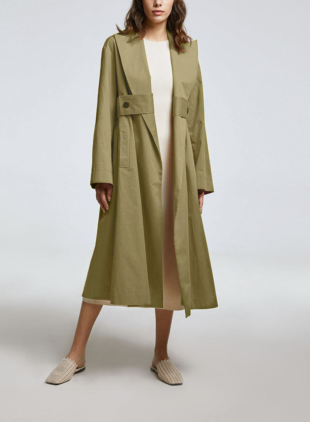 Midi Pure Cotton Coat with Ulster lapel - Khaki, M image