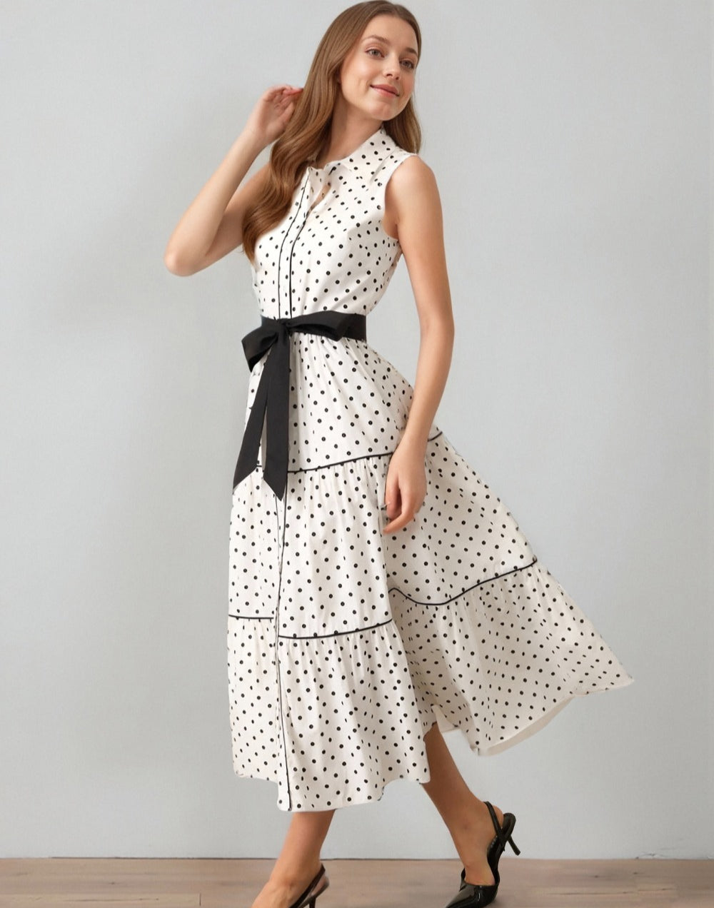 Sleeveless lapel polka dot dress