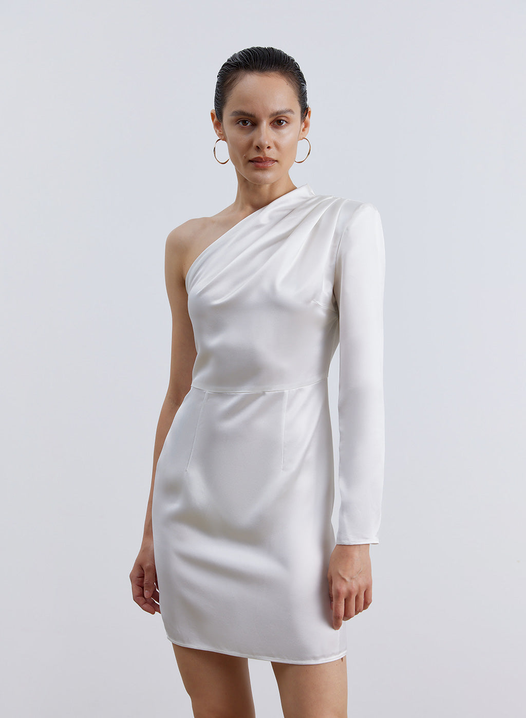 One Shoulder Silk Mini Dress - Pearl White, S image