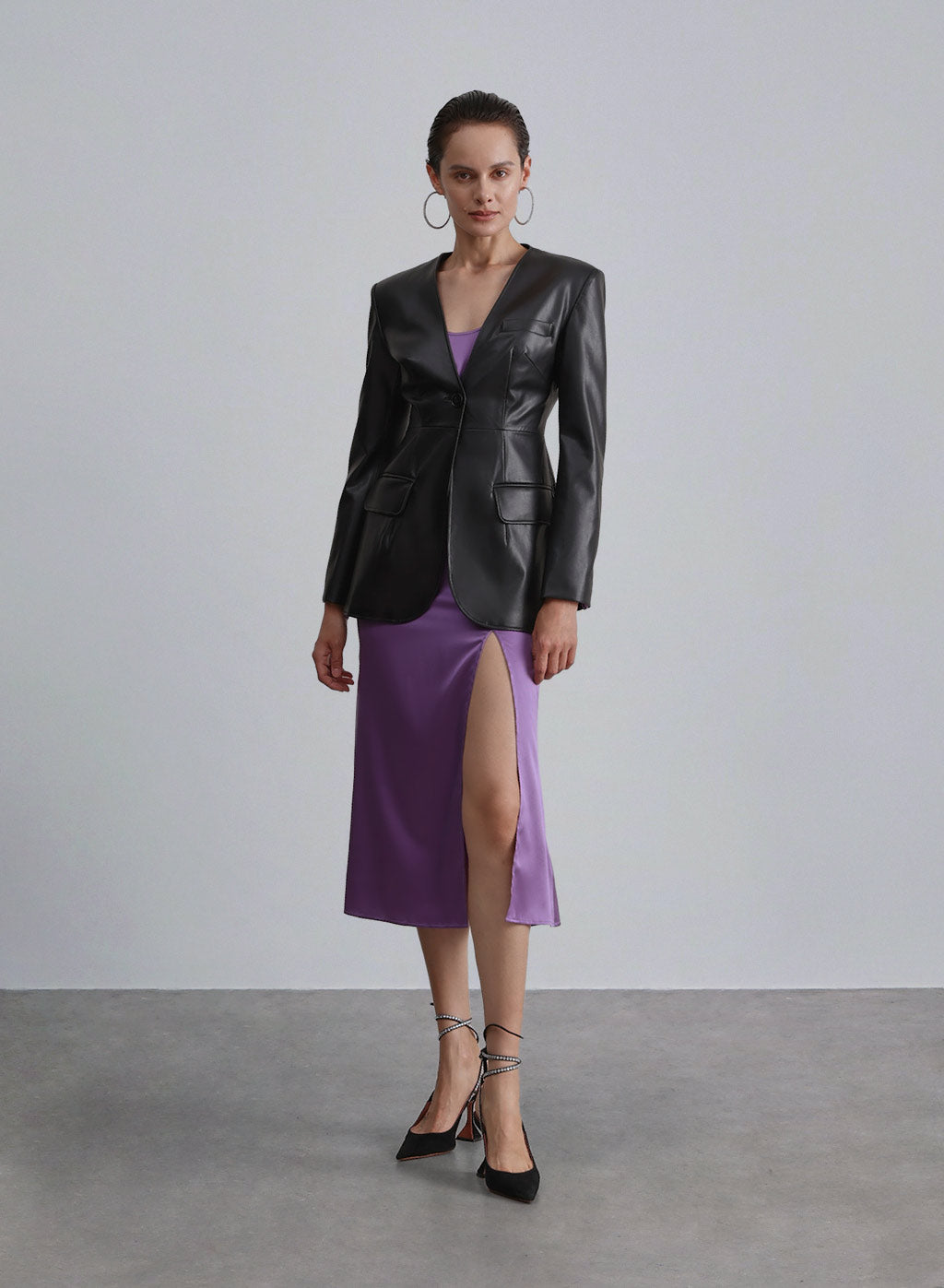 Plunge Neckline Faux Leather Blazer - Midnight Black, S image