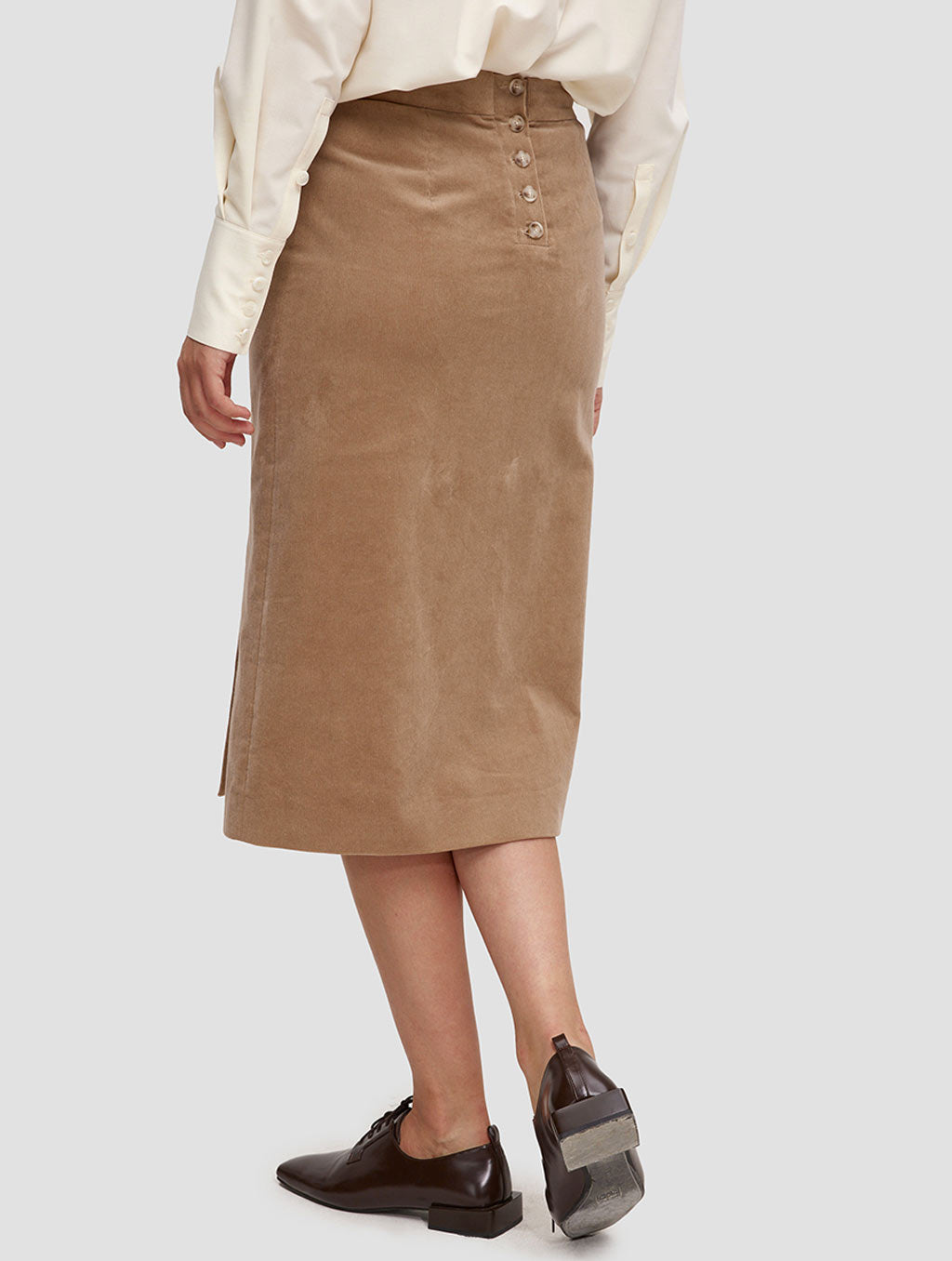 back buttoned skirt-back-camel