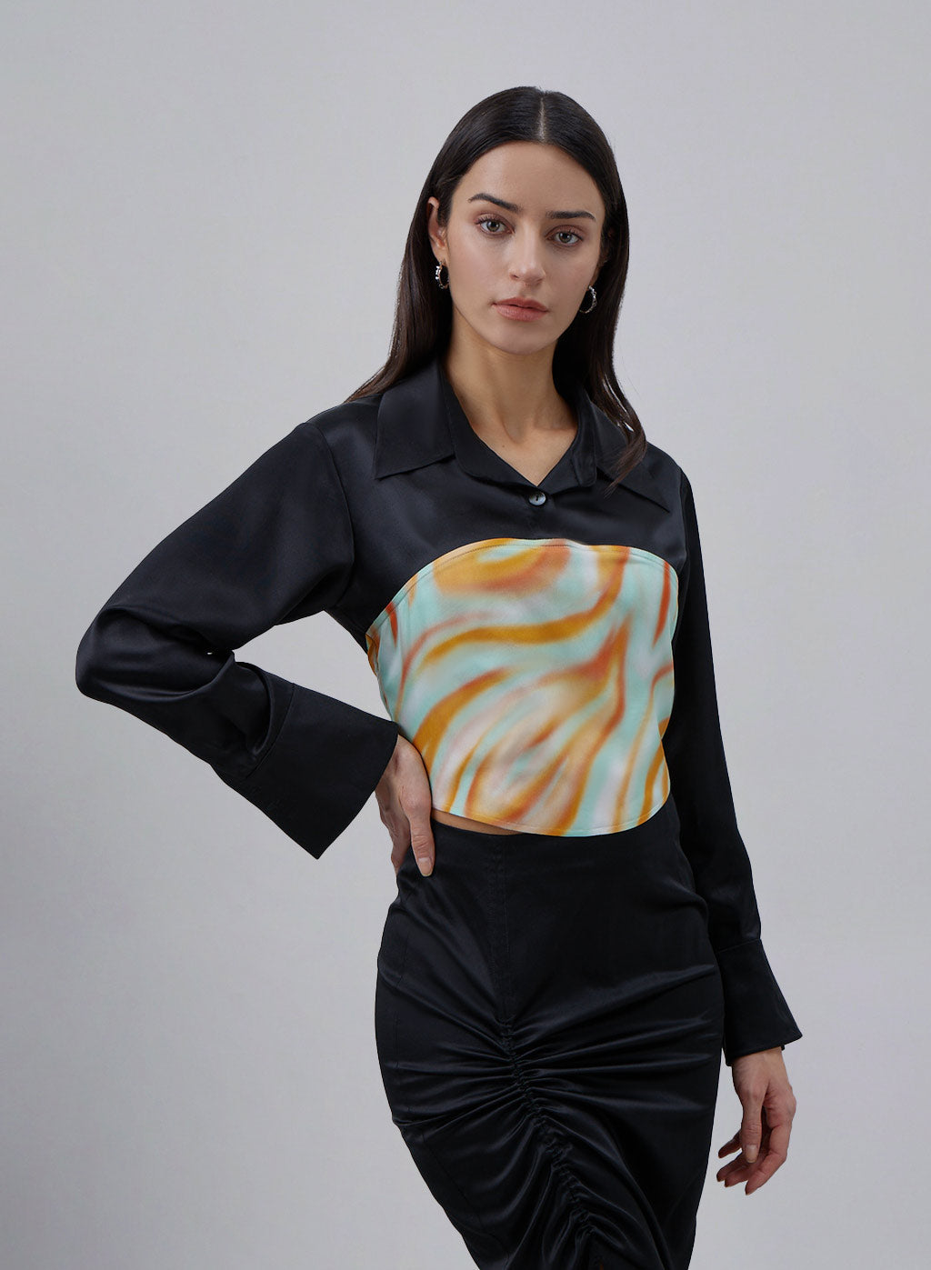 Backless Strap Contrast Color Silk Blouse