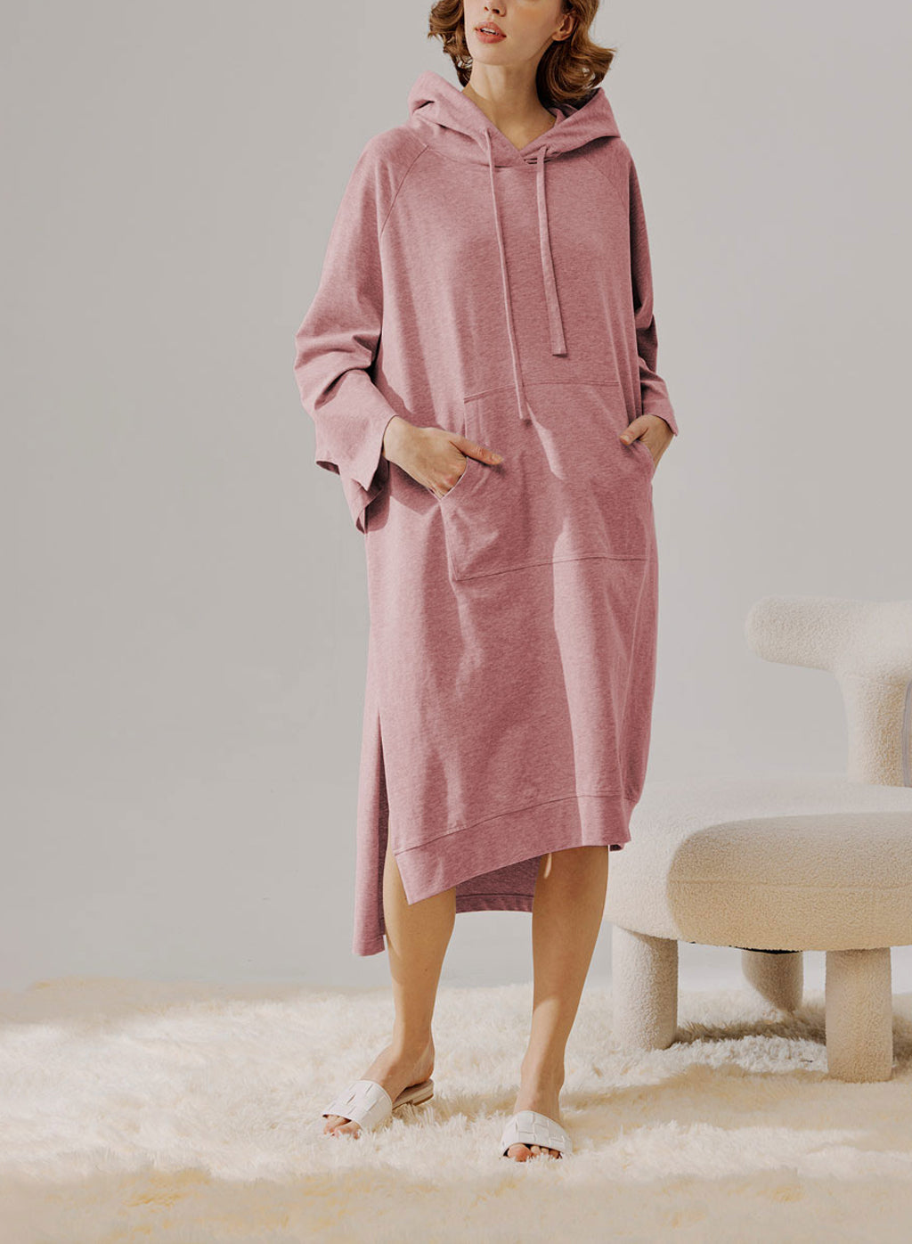 Oversized Hooded Cotton Dress - Powder Pink, S image